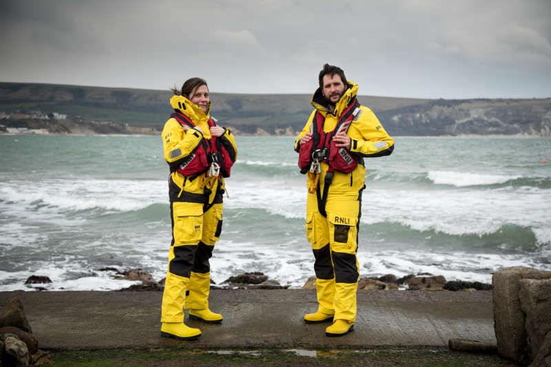 Swanage crew members Richard Lloyd and Samantha Cox wearing the new Helly Hansen ALB kit.