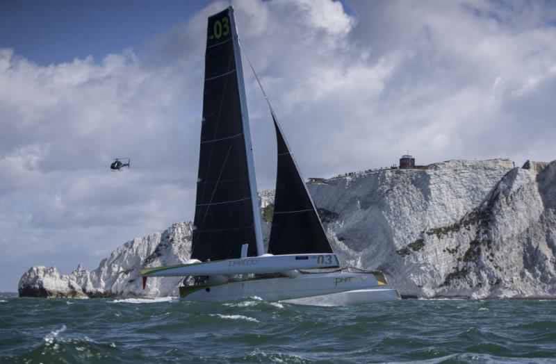 The mighty MOD70 Phaedo 3 on a mission - which she achieved big time - in today's J.P. Morgan Asset Management Round the Island Race. Image: Rachel Fallon-Langdon