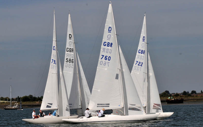 Glorious Fools crossing the Town Cup finish line at the Royal Corinthan Yacht Club – photo Sue Pelling