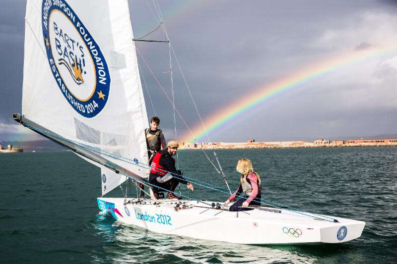 Iain Percy sails his Star at the end of a stunning rainbow in Portland Harbour this afternoon. Image: Sportography.tv