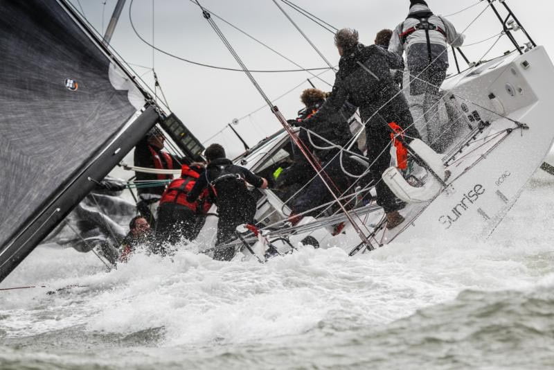 The IRC Three leader Sunrise goes in to a broach - Credit: RORC/Paul Wyeth - pwpictures.com|The IRC Three leader Sunrise goes in to a broach - Credit: RORC/Paul Wyeth - pwpictures.com|Bigger conditions today at the RORC Easter Challenge. As Cornel Riklin's J/111 Jitterbug discovers. - Credit: RORC/Paul Wyeth - pwpictures.com|RORC Admiral Andrew McIrvine on La Réponse leads the fleet off on the reaching start in IRC Two - Credit: RORC/Paul Wyeth - pwpictures.com|In the gusty conditions there were broaches aplenty - Credit: RORC/Paul Wyeth - pwpictures.com|Tacking duel between Peter Morton's Carkeek 40 Mk3 Girls on Film  and Sir Keith Mills' Ker 40+ Invictus - Credit: RORC/Paul Wyeth - pwpictures.com|The crew on Harry Heijst's S&S 41 Winsome relished today's brisk conditions - Credit: RORC/Paul Wyeth - pwpictures.com