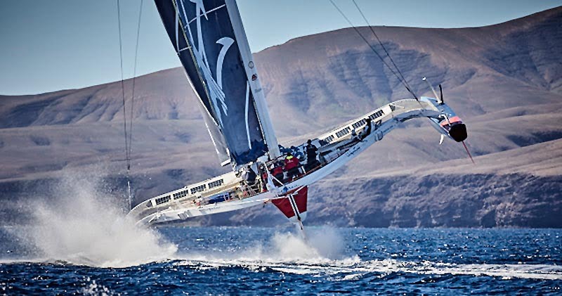 Giovanni Soldini's MOD70 Maserati powers past Puerto Calero at the start of the RORC Transatlantic Race  © RORC/James Mitchell